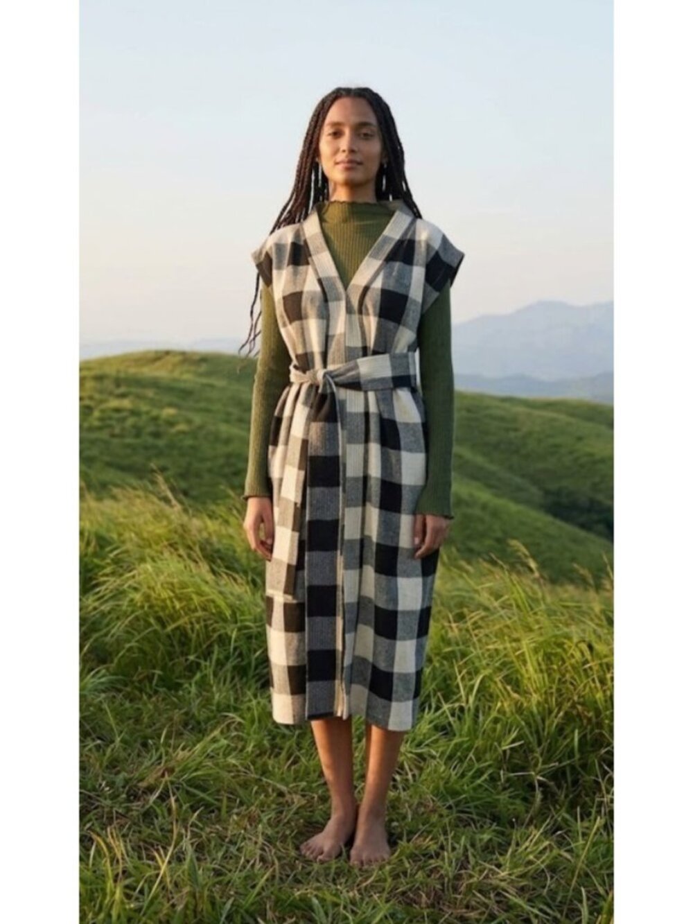 NWT Rujuta Sheth Naya in Black Ecru Mono Chex Plaid Cotton Kaftan Dress M/L